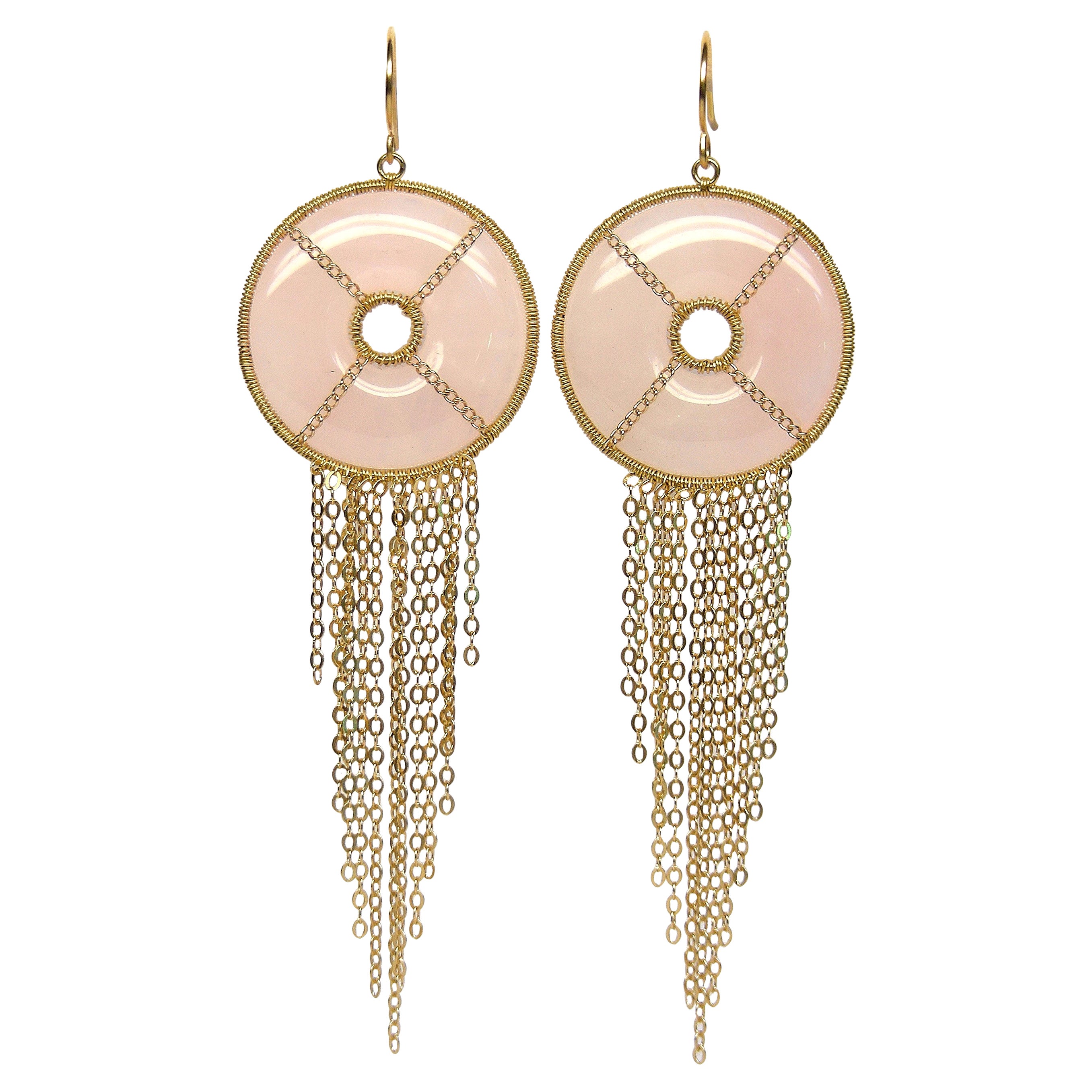 Summer Splash Hoop 18k Gold Earrings with Pink Quartz Mandala Motif For Sale