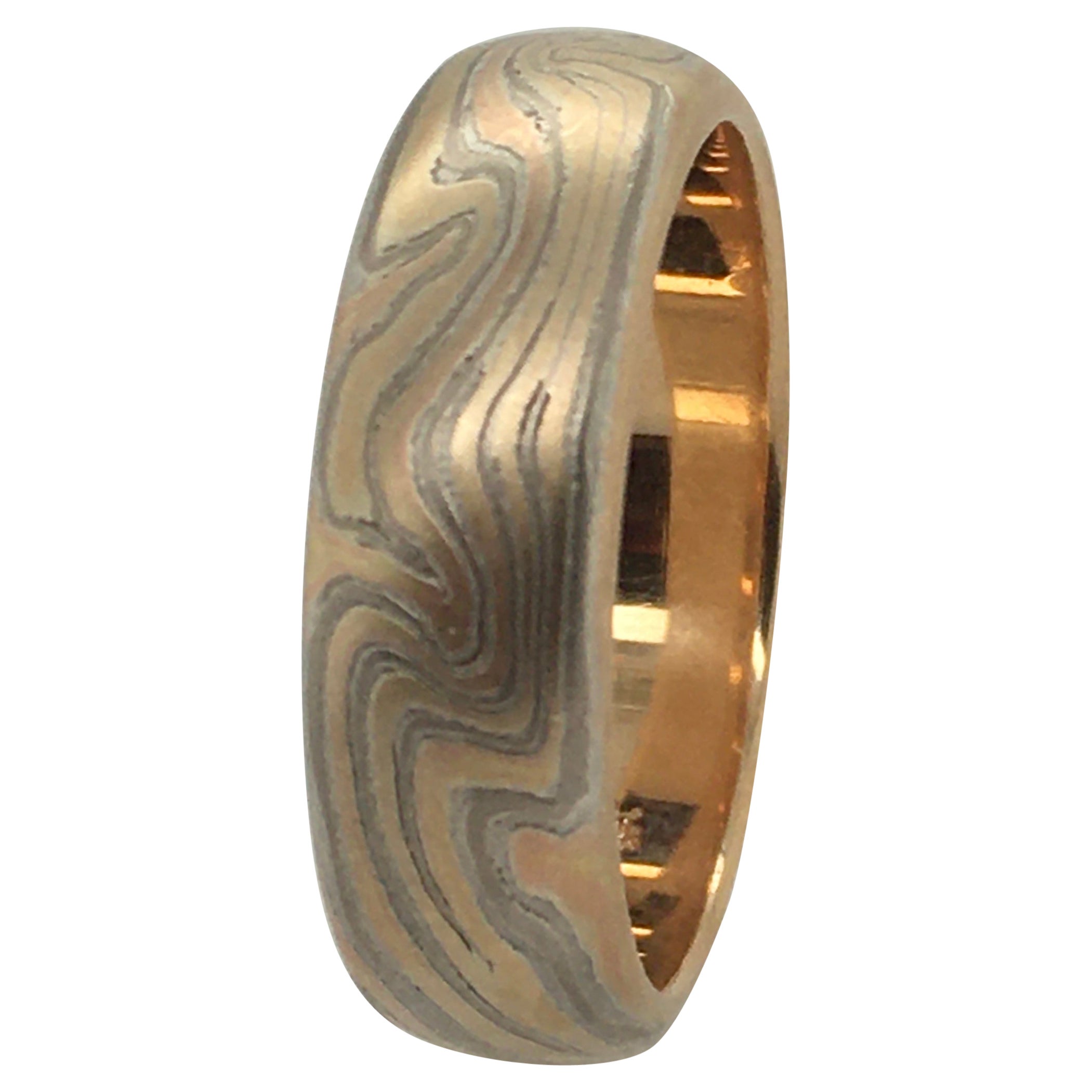 25% OFF SALE!  GEORGE SAWYER Mokume Sterling, Copper & Rose Gold Round Edge Band For Sale
