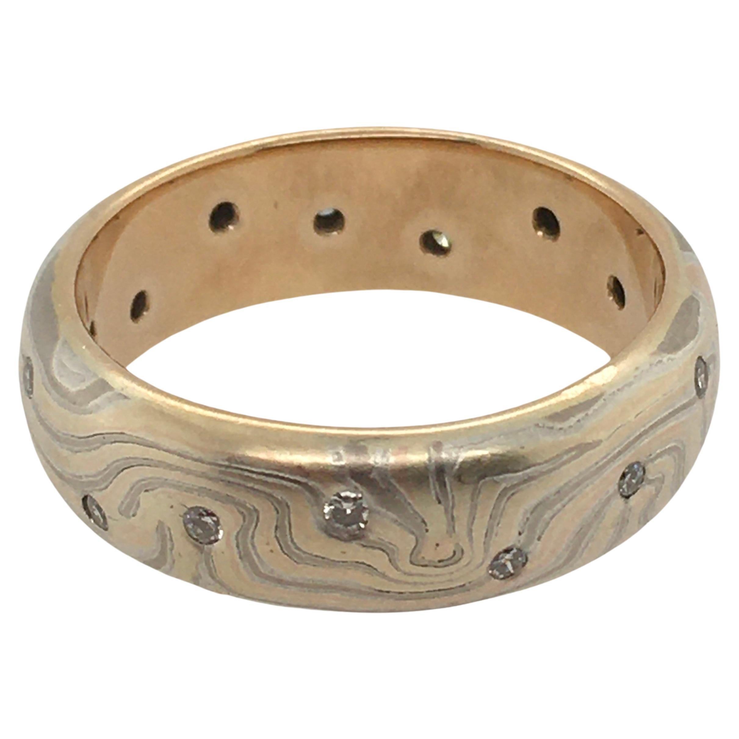 George Sawyer Mokume Gold & Etched Sterling with Flush Set Diamonds Band For Sale