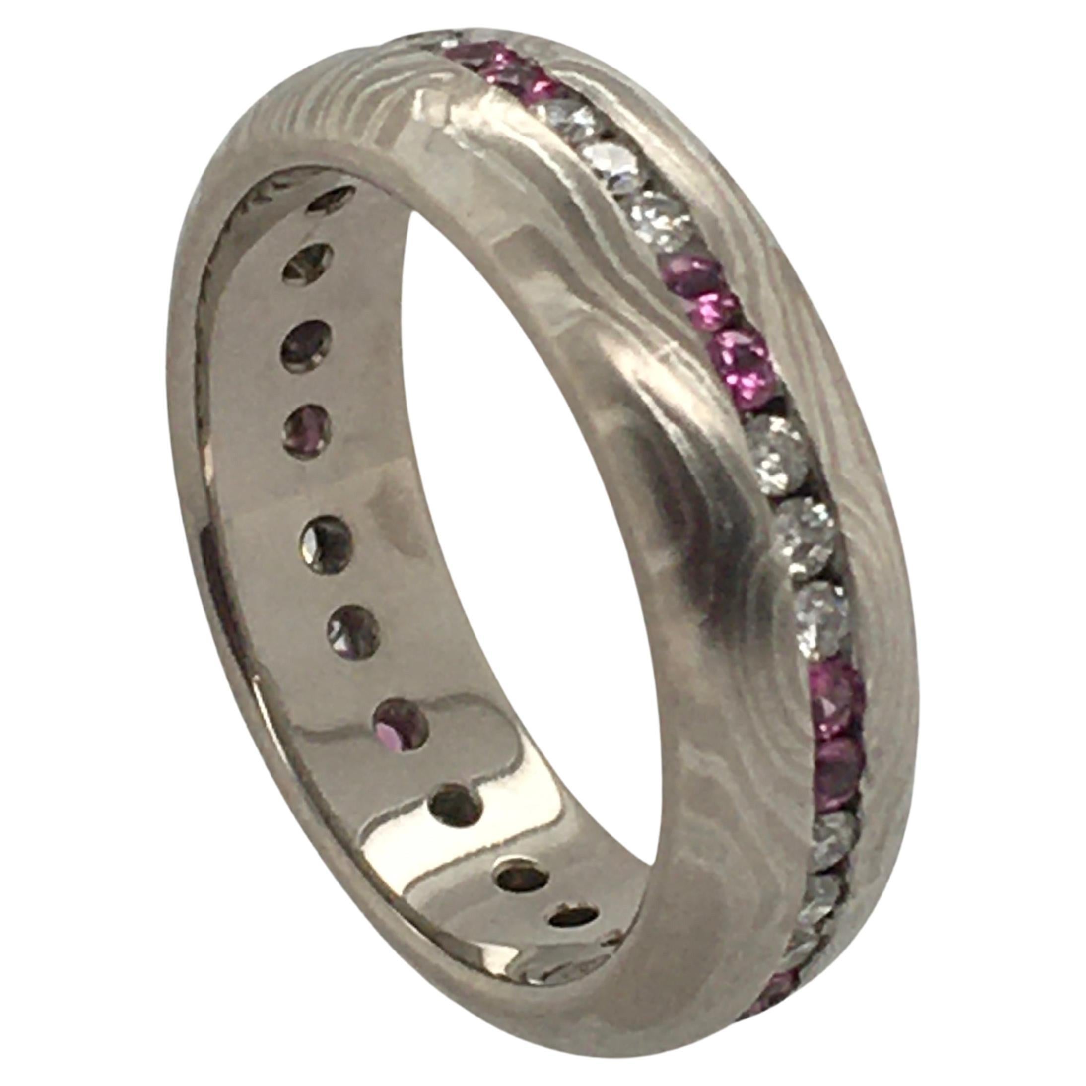 George Sawyer Mokume White Gold & SS W/ Sapphire & Diamonds Symmetry Ring For Sale