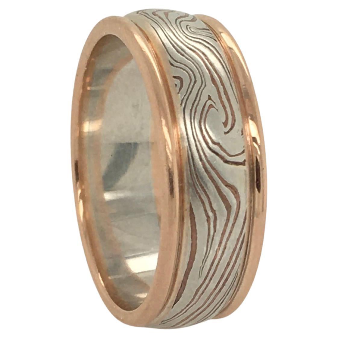 George Sawyer Sterling & Copper Mokume Design with Red Gold Round Edge Ring For Sale