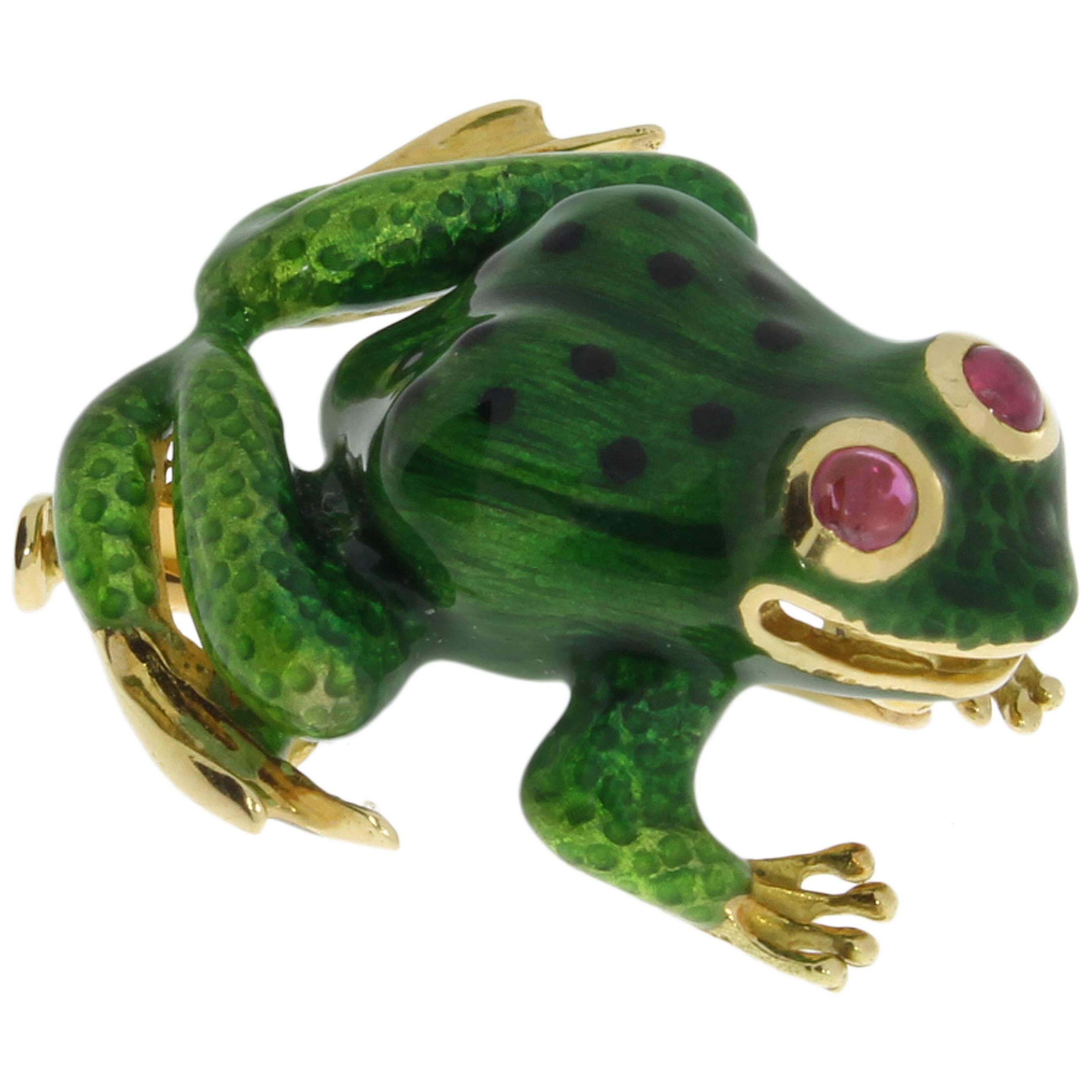 Enamel Ruby Gold Frog Brooch