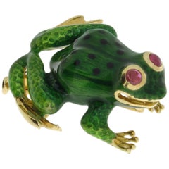 Retro Enamel Ruby Gold Frog Brooch