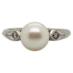 Vintage Signed Mid-Century Pearl, Diamond, & 14 Karat White Gold Cocktail Ring