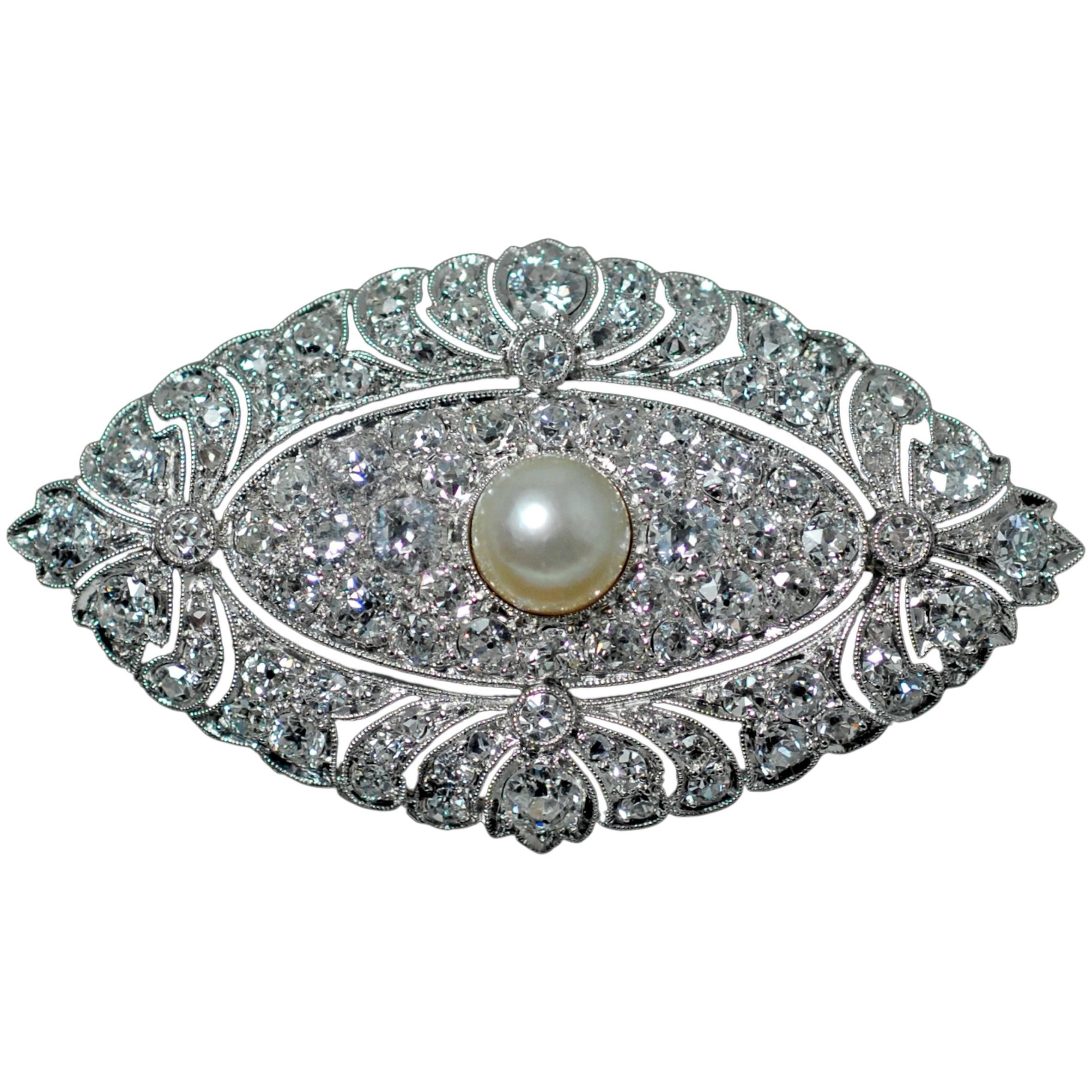 Art Deco Pearl Diamond Gold Platinum Brooch