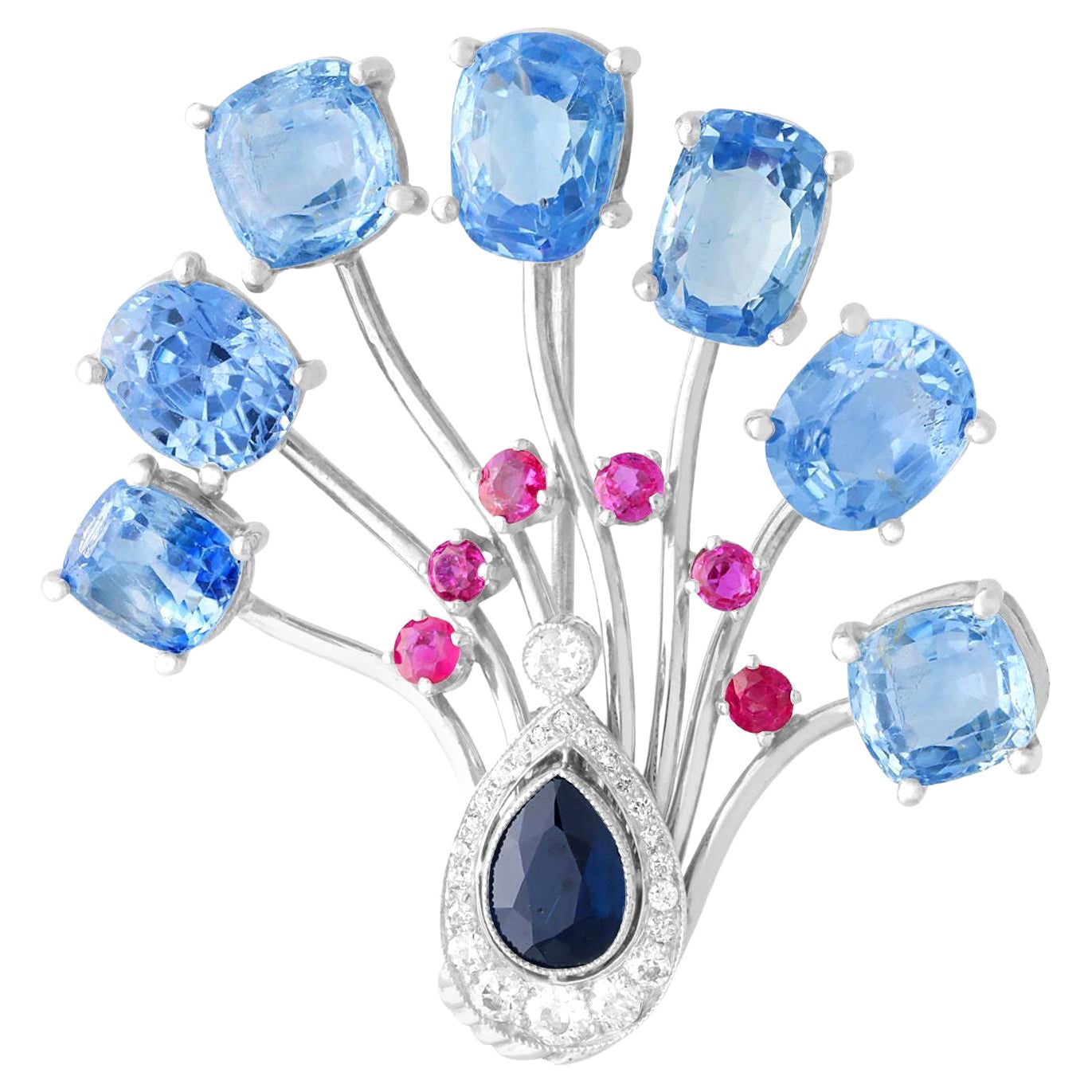 Antique 22.27 Ct Ceylon Sapphire 1.01 Ct Sapphire Ruby Diamond Palladium Brooch For Sale