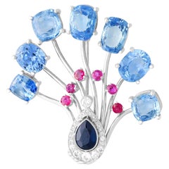 Used 22.27 Ct Ceylon Sapphire 1.01 Ct Sapphire Ruby Diamond Palladium Brooch