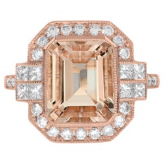 Emerald Cut Morganite and Diamond Engagement Ring in 18K Rose Gold