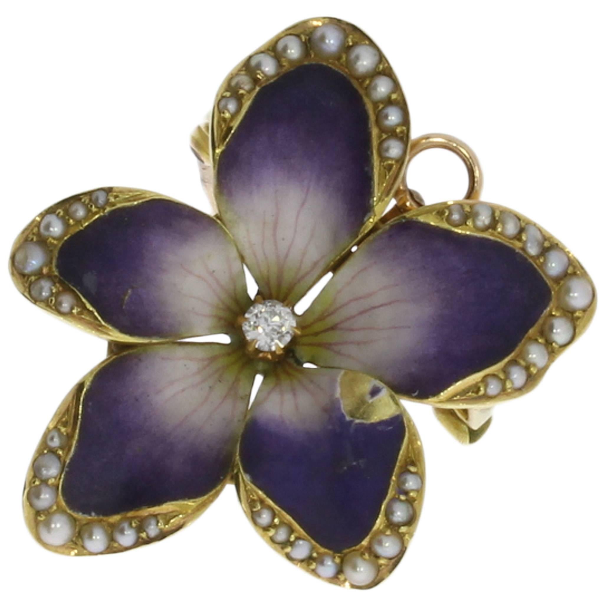 Beautiful Art Nouveau Pearl Diamond Gold Violet Flower Brooch Pendant