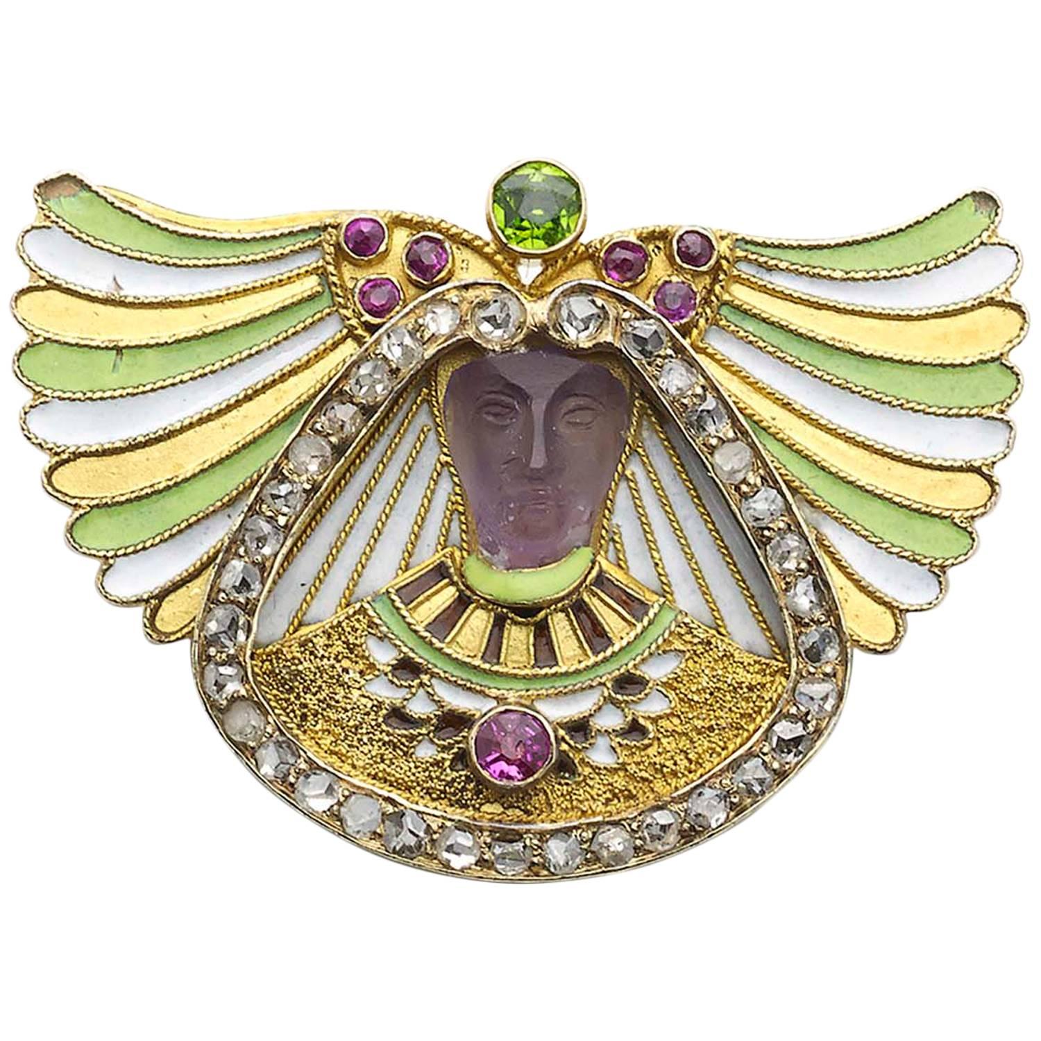 Egyptian Revival Carved Amethyst and Gem-Set Brooch, Austria-Hungary, Circa 1880