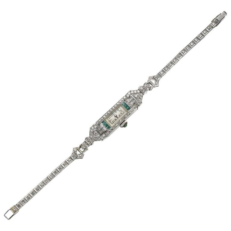 Art Deco Lady's Platinum Diamond Emerald Wristwatch For Sale