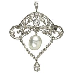 Edwardian Pearl Diamond Platinum Brooch Pendant 9