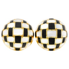 Tiffany Vintage Mother-Of-Pearl Black Jade 18 Karat Gold Checkerboard Earrings