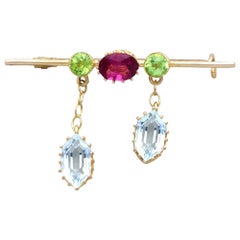 Antique Aquamarine Tourmaline and Peridot and Yellow Gold Bar Brooch