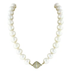 Retro GIA No Treatment South Sea Pearl Necklace & 18k Gold Diamond Clasp