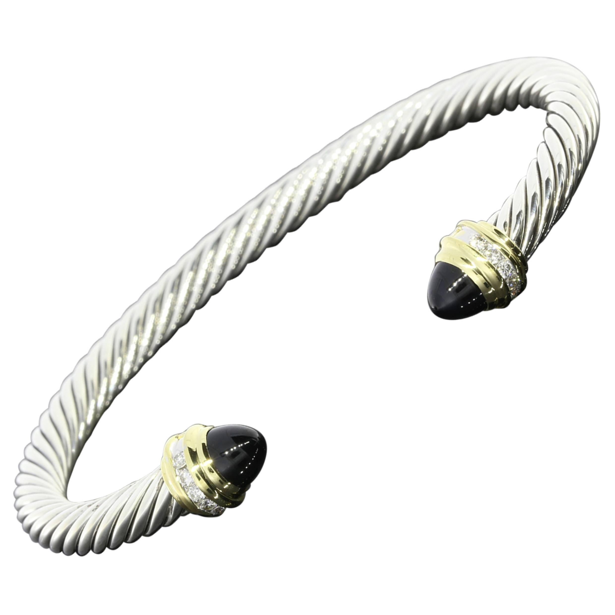 David Yurman Black Onyx Diamond Stainless Steel Gold Cable Classics Bracelet