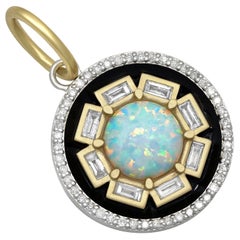 Fiery Opal White Diamond Baguette Black Enamel Pendant Necklace