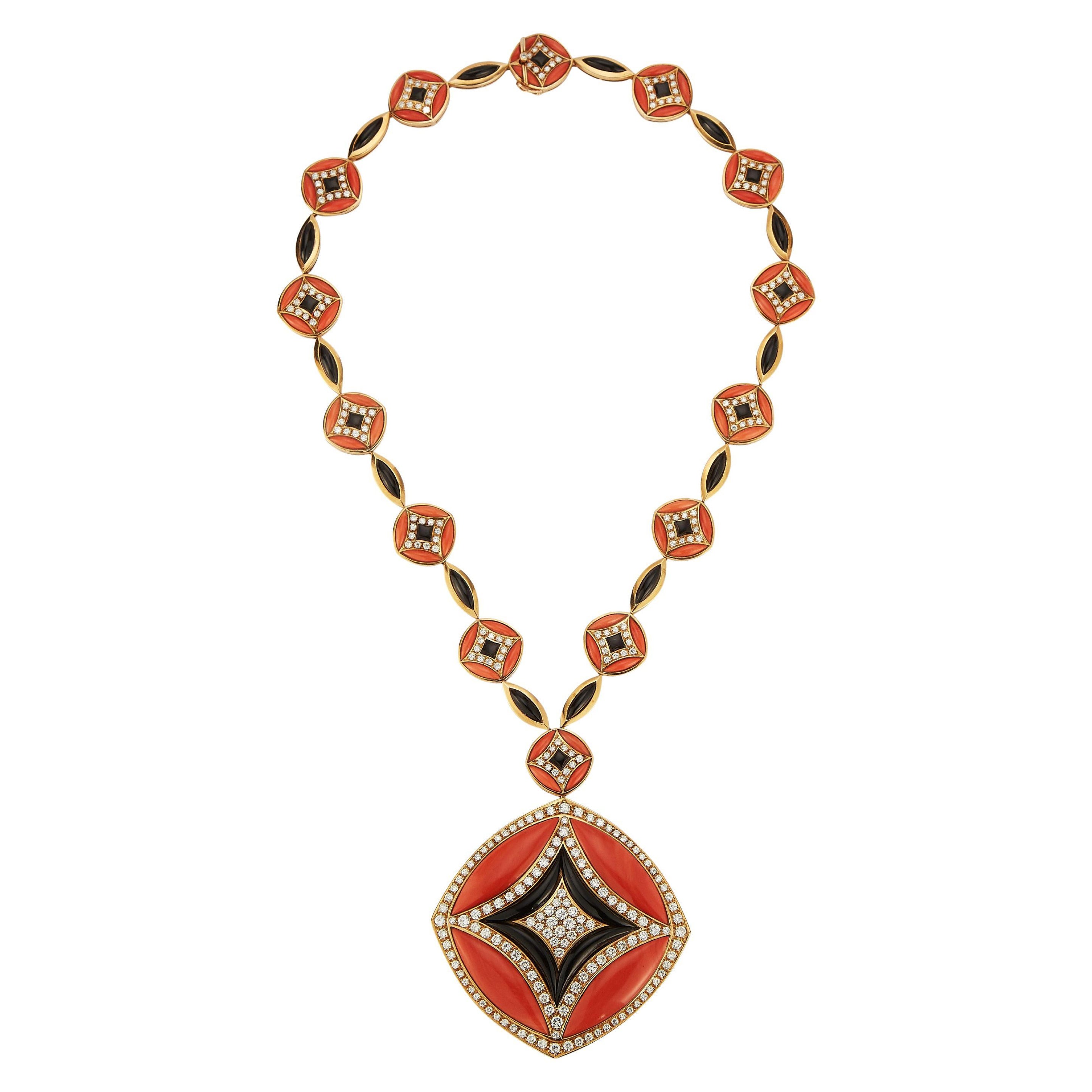 Kutchinsky Coral Diamond & Onyx Necklace