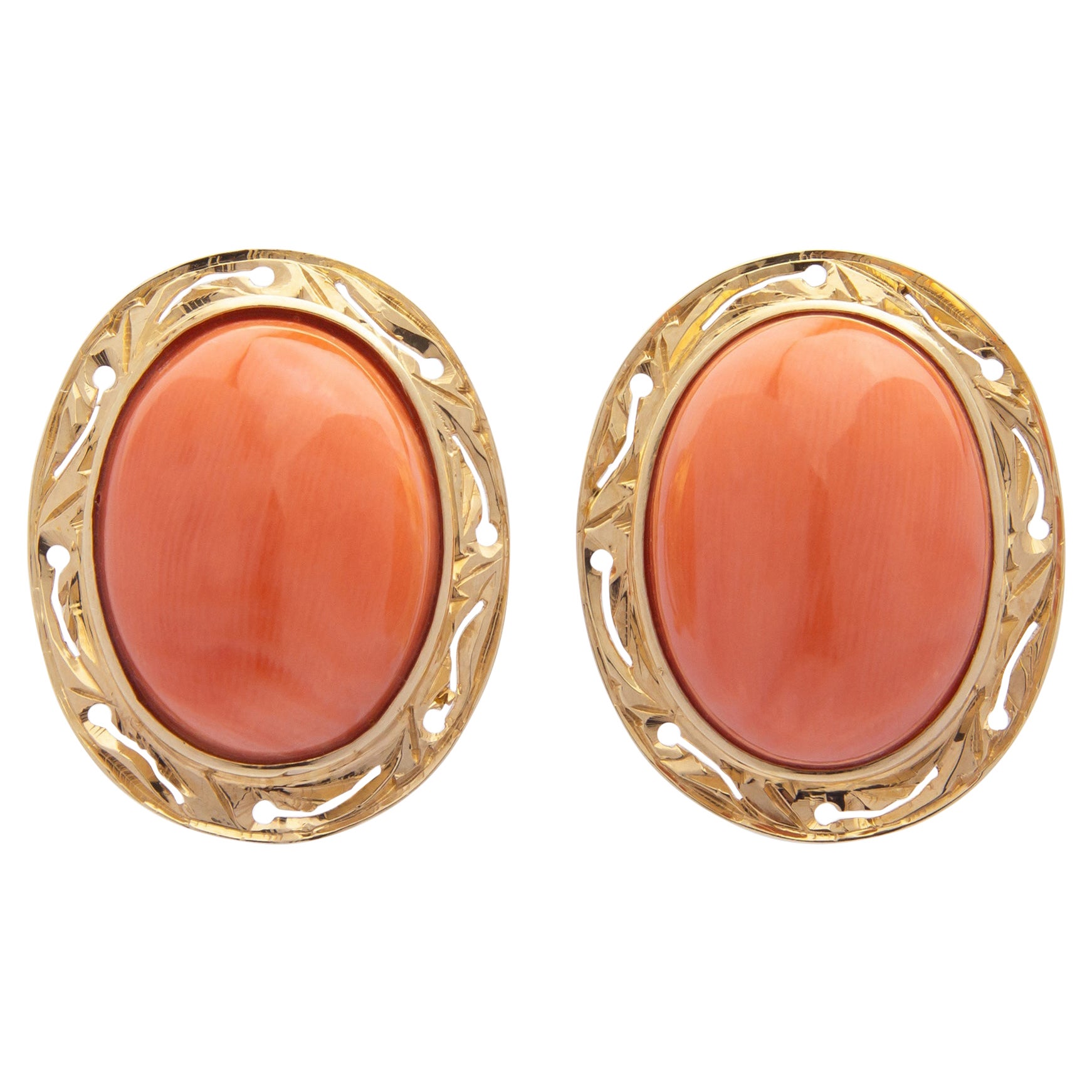 Pair of 14 Karat Gold & Cabochon Coral Earrings For Sale