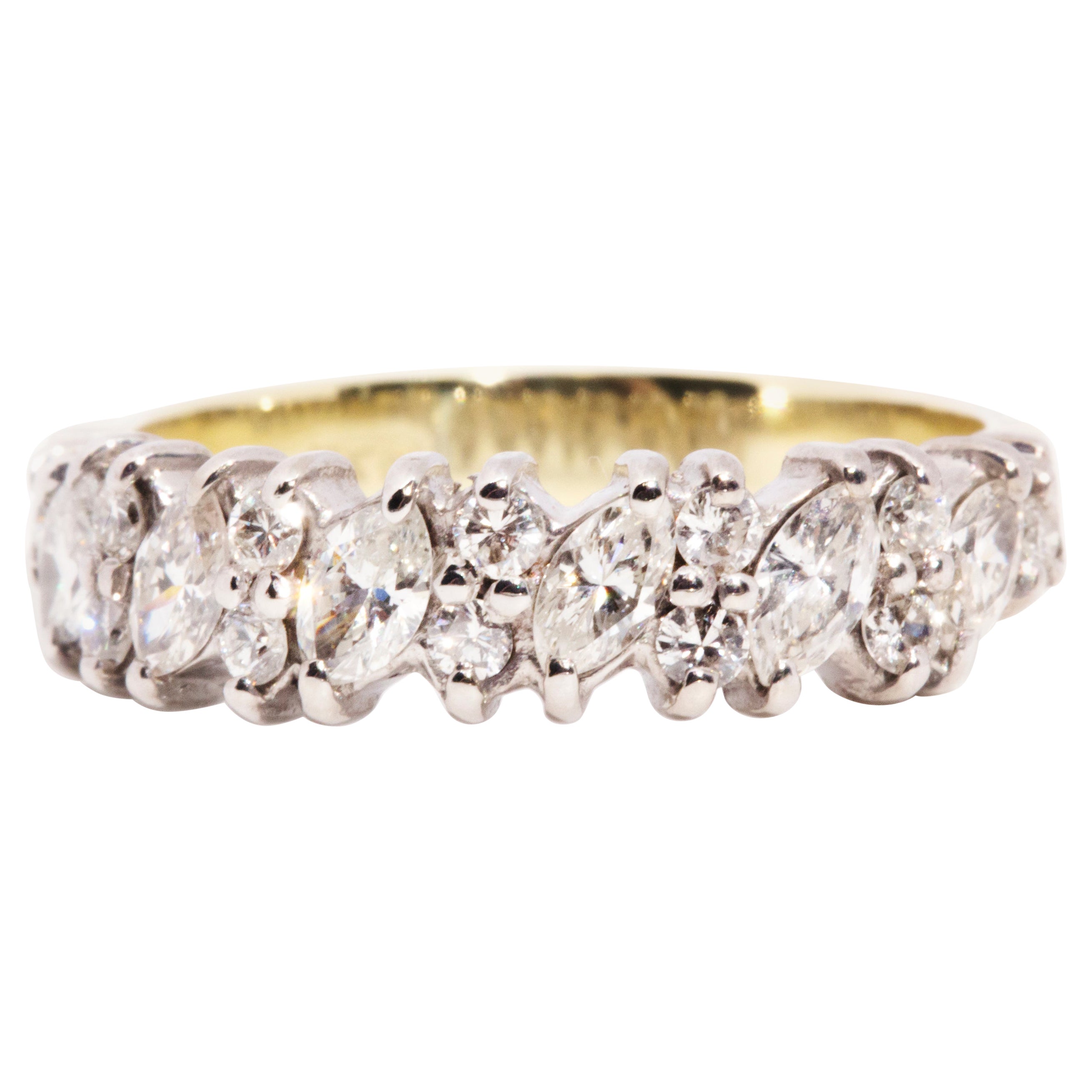 Marquise and Round Diamond Vintage Eternity Band 18 Carat Yellow and White Gold