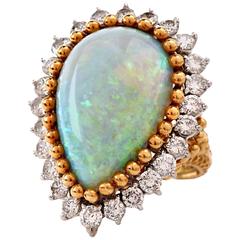 Etruscan Inspired Pear Shape Opal Diamonds Twp Color Gold Ring