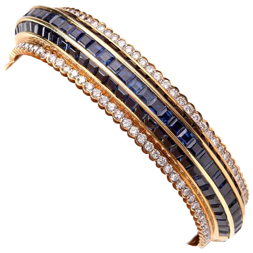 Blue Sapphire Diamond Gold Bangle Bracelet
