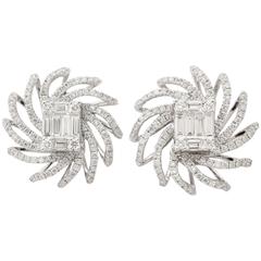 Baguette and Round Diamond Gold Swirl Earrings 2
