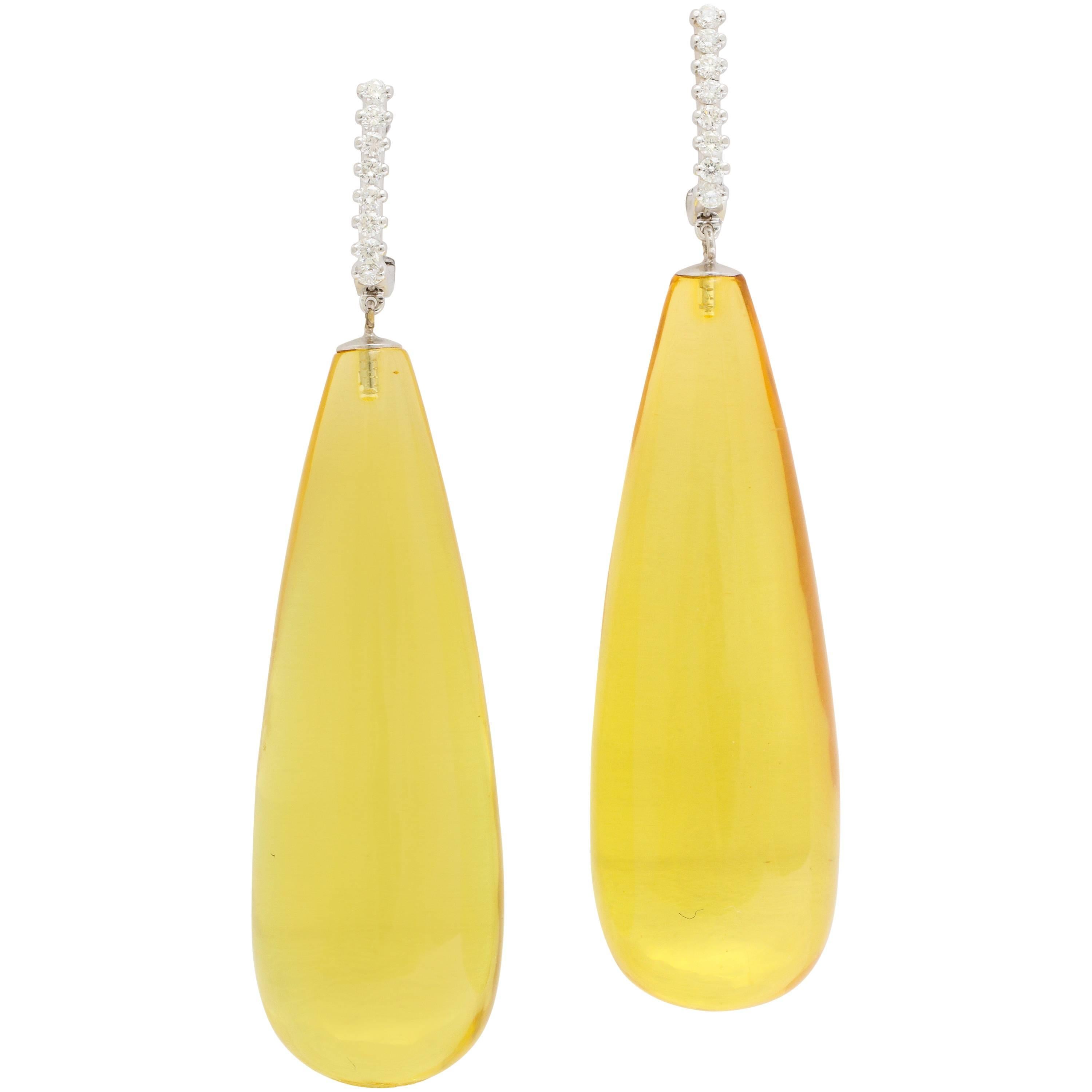 Long Yellow Amber Diamond Gold Drop Earrings