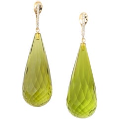 Green Amber and Diamond Gold Long Drop Earrings