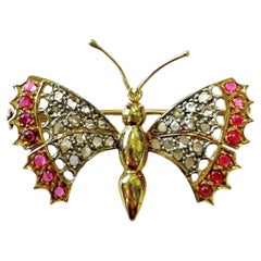 Diamond Ruby 18k Yellow White Gold Butterfly Pin Brooch