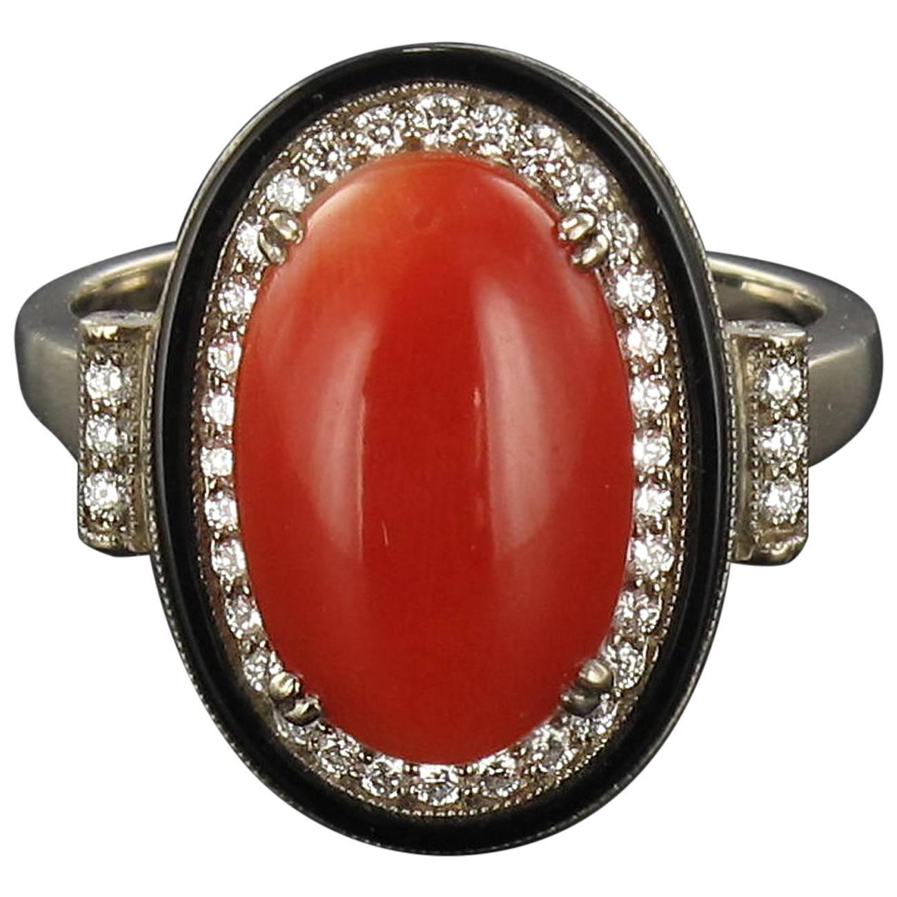 Art deco Coral Onyx and Diamond Ring