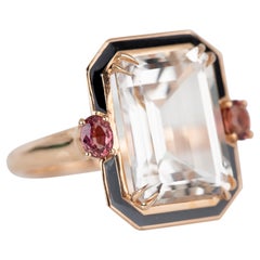 Style Art Déco 7.35 Ct. Bague cocktail en or 14K, topaze et saphir