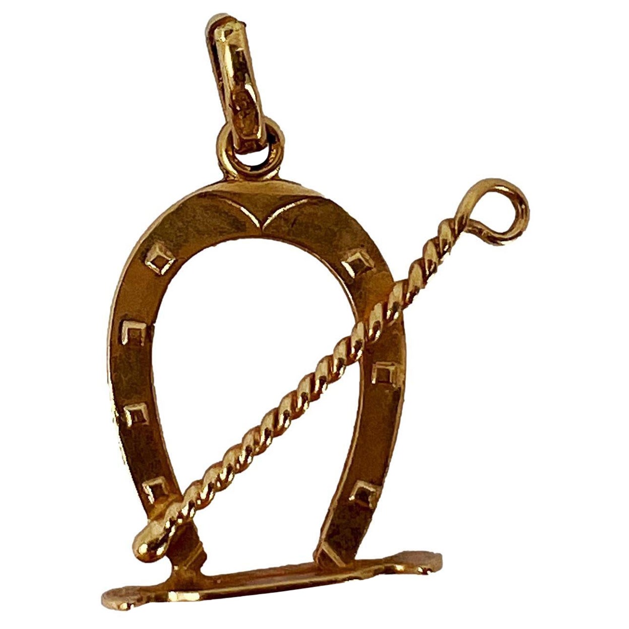 Lucky Horseshoe and Whip 18K Yellow Gold Charm Pendant For Sale