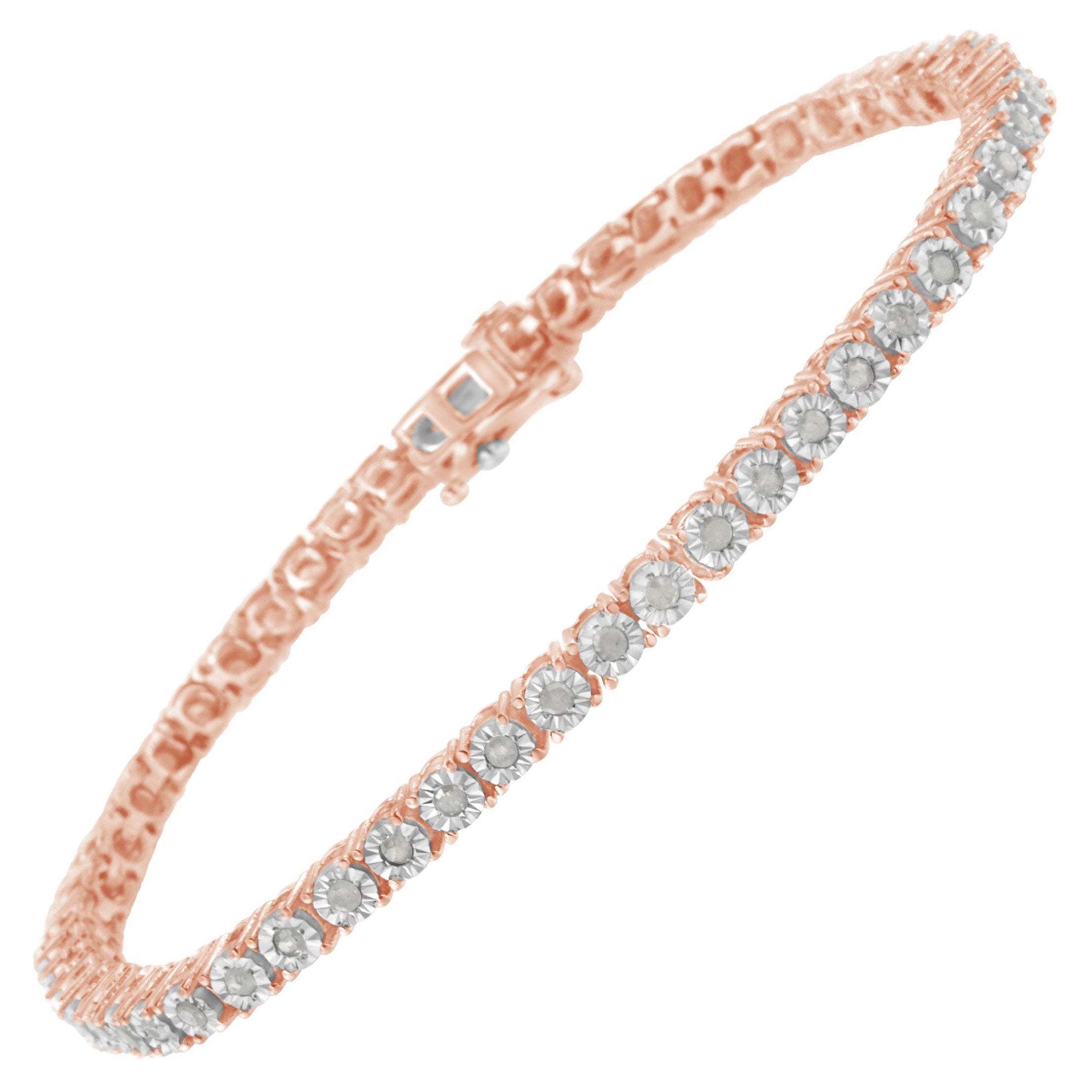 Bracelet tennis en argent sterling plaqué or rose avec diamants de 1,0 carat sertis en cascade en vente