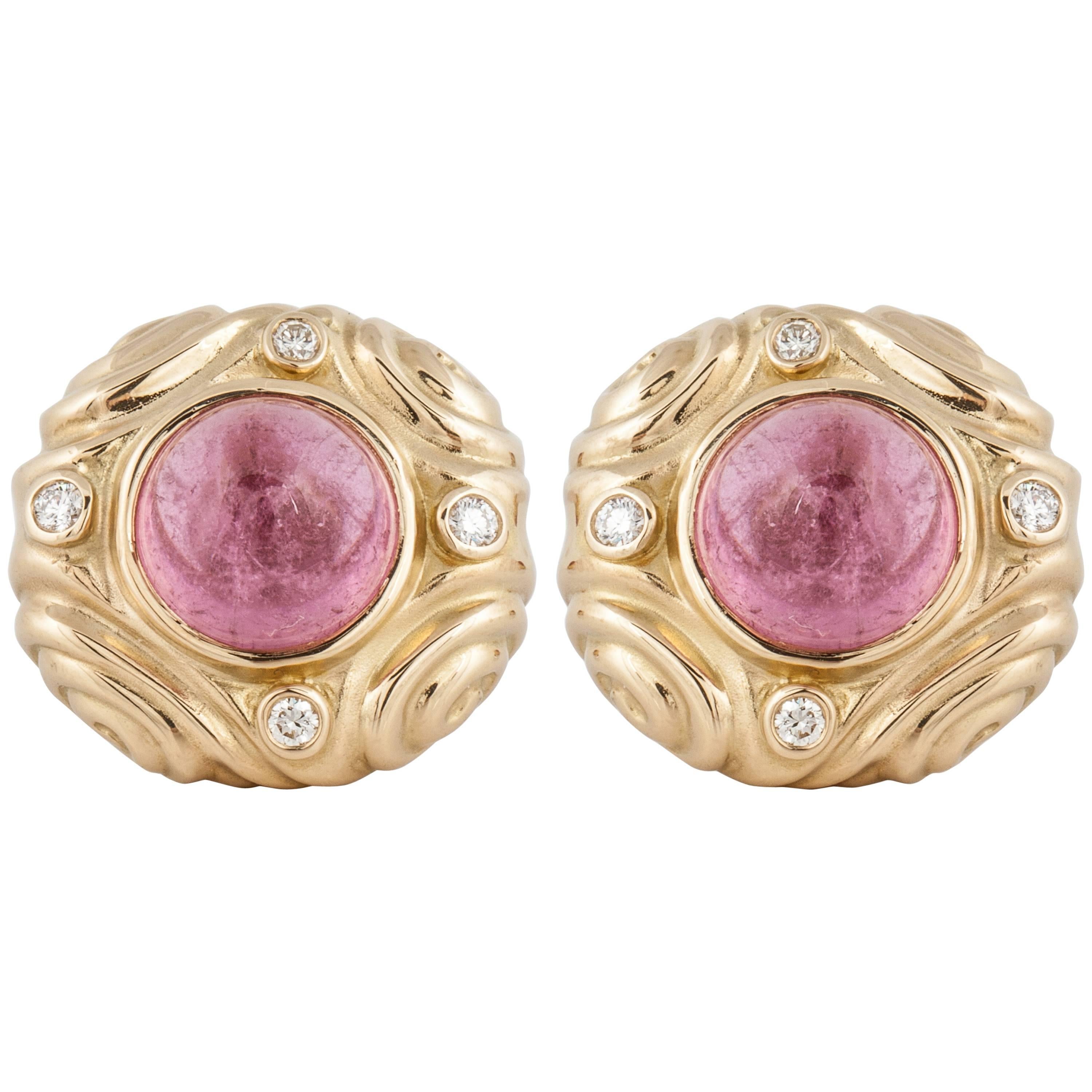 18K Yellow Gold Cabochon Pink Tourmaline and Diamond Earrings
