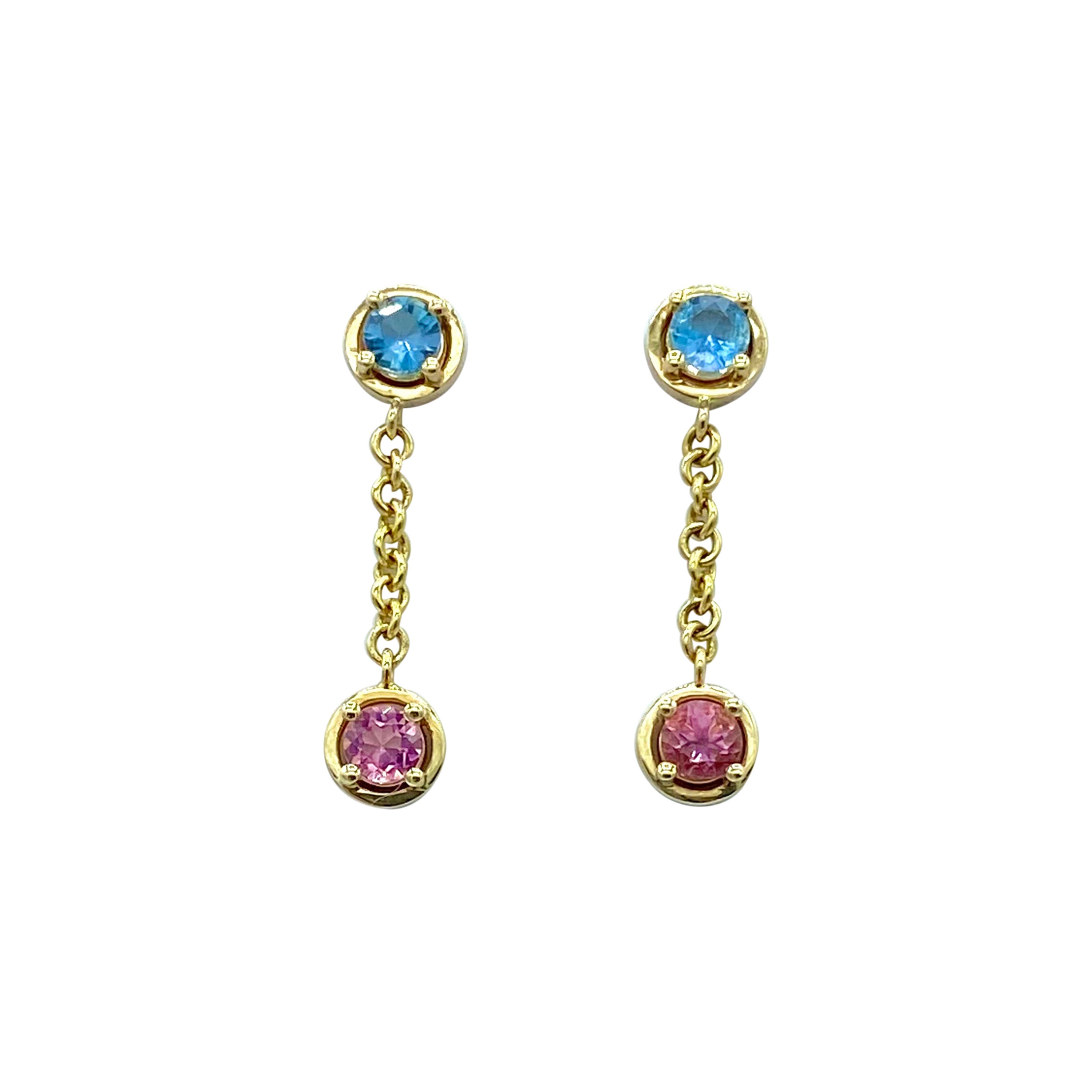 18 Karat Yellow Gold Dangle Earrings Italian Pink Tourmaline Aquamarine