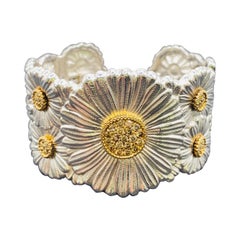 Vintage Buccellati Daisy Blossom Diamond Yellow Gold Sterling Silver Hinged Bracelet