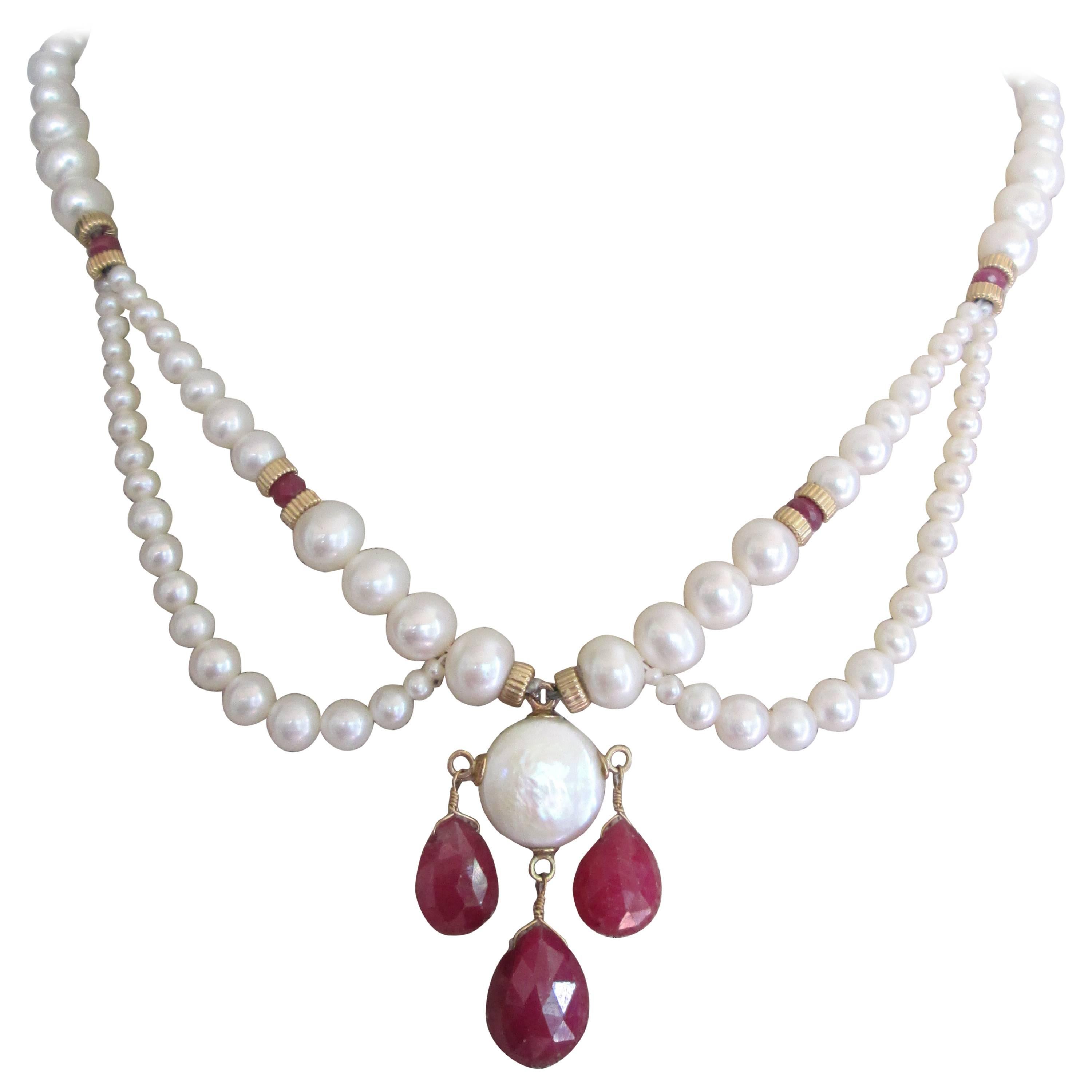 Graduated Pearl Draped Necklace with Ruby Briolettes , 14k gold clasp and beads