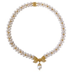 Marina J, Pearl and 14K Gold Plated Necklace with Bow Centerpiece