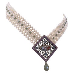 Marina J One of a kind Woven Pearl Necklace with Vintage Mosaic Centerpiece