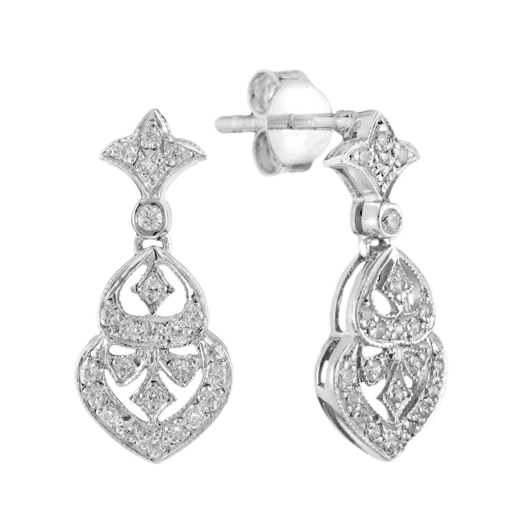 Antique Style Diamond Trefoil Drop Earrings in 18K White Gold For Sale