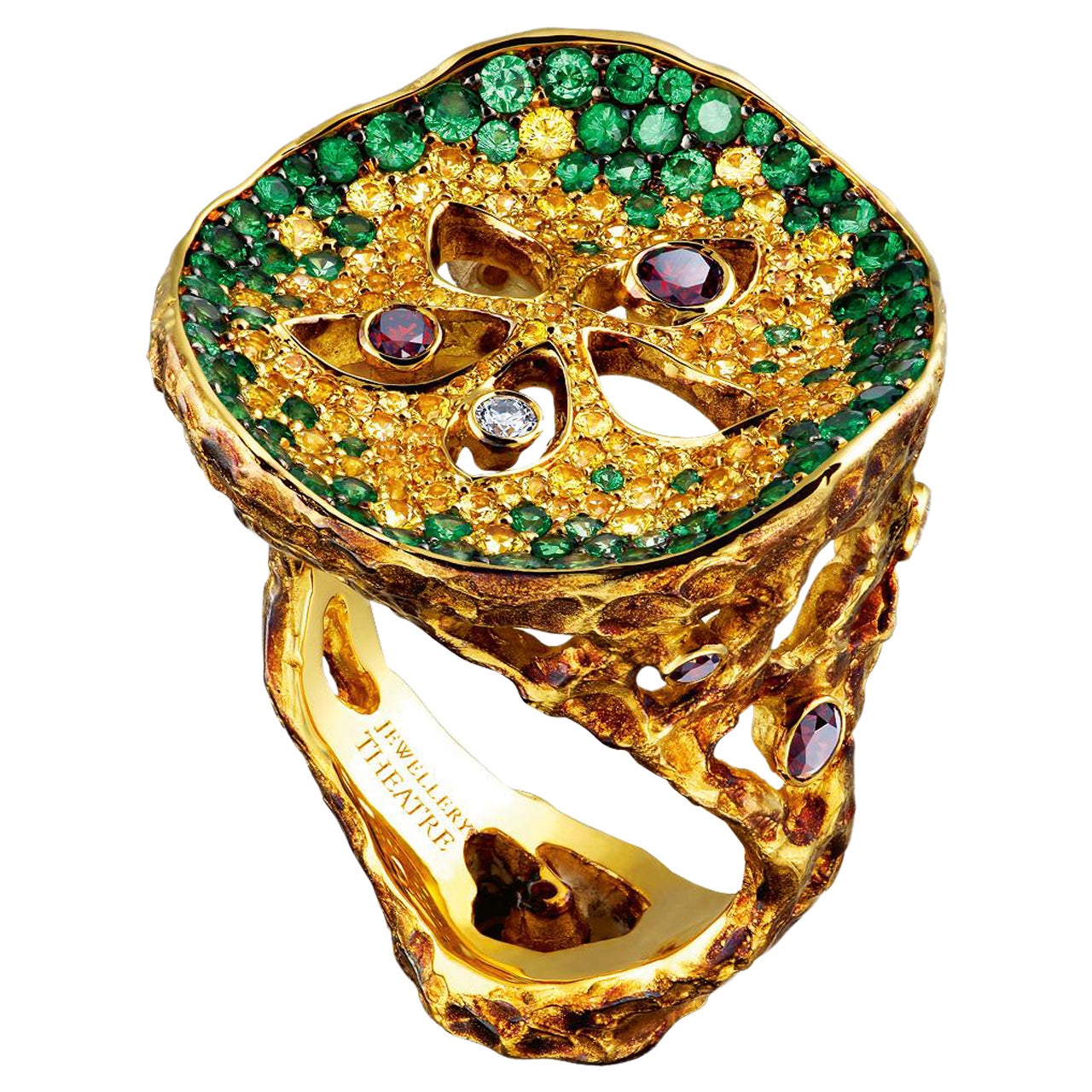 18 Karat Yellow Gold Cocktail Ring with Diamonds Tsavorites and Sapphires   For Sale