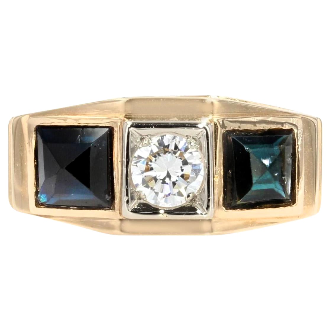1930s Art Deco 18 Karat Yellow Gold Sapphires Diamond Garter Ring For Sale