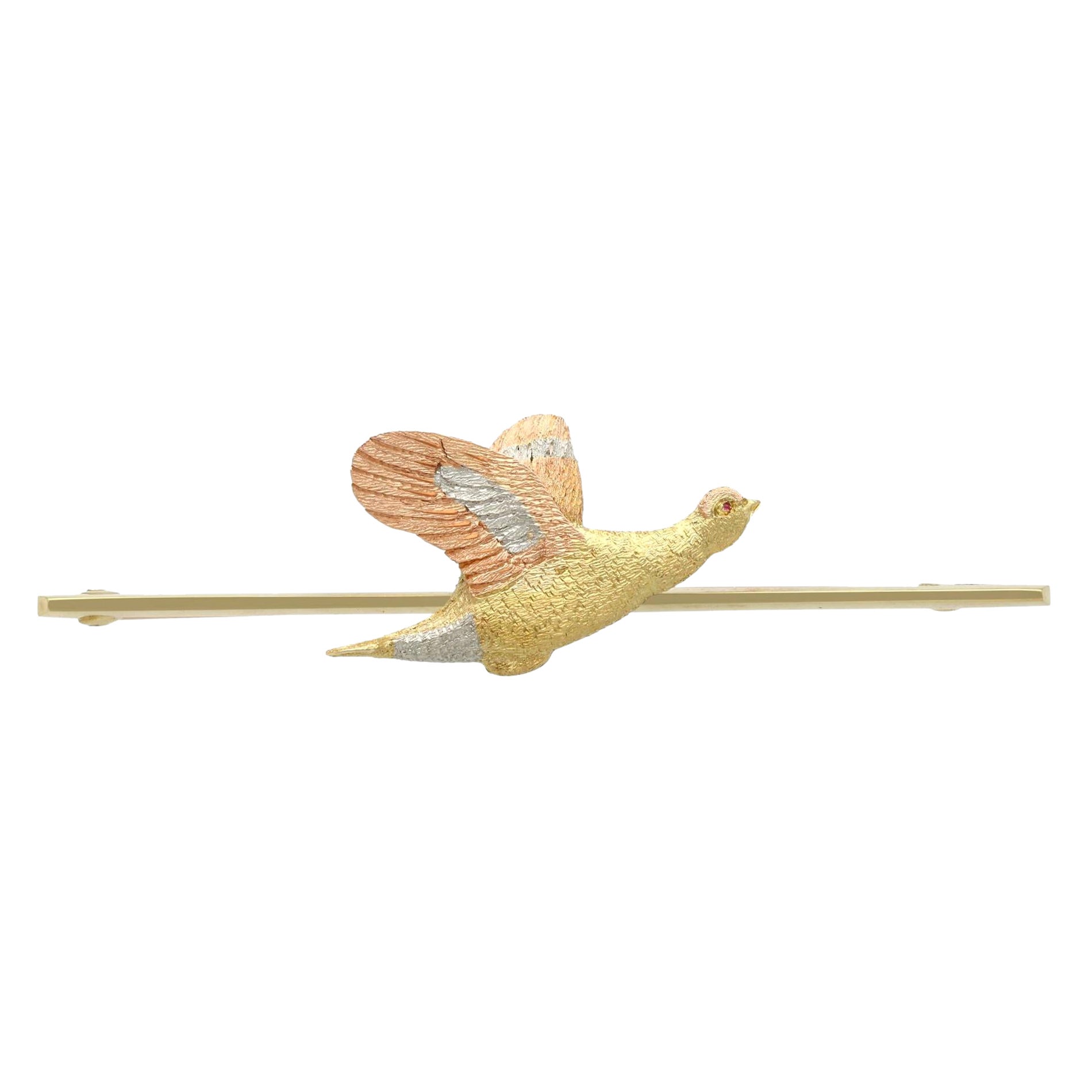 Antique Platinum Yellow and Rose Gold Bird Bar Brooch