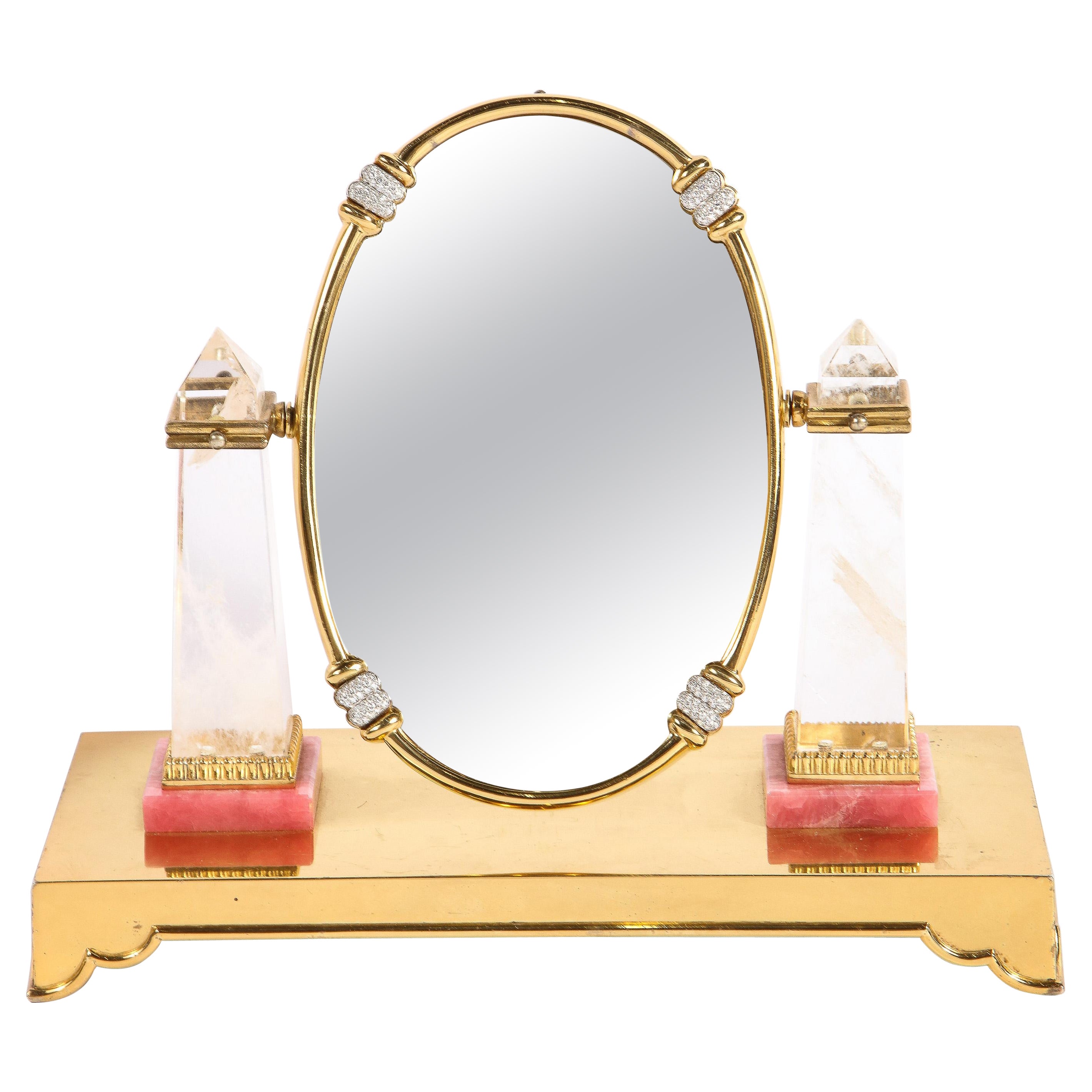 Magnifique miroir italien en argent doré, diamant, cristal de roche et rhodochrosite