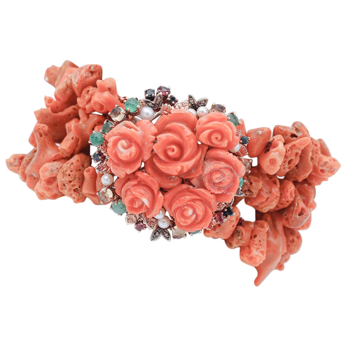 Coral, Topazs, Emeralds, Rubies Diamonds Sapphires Rose Gold and Silver Bracelet
