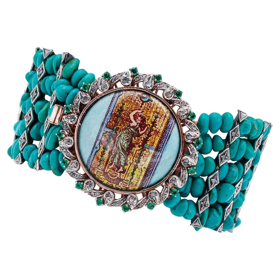 Turquoise, Tsavorite, Diamonds, Stone, 14 Karat Rose Gold and Silver Bracelet For Sale