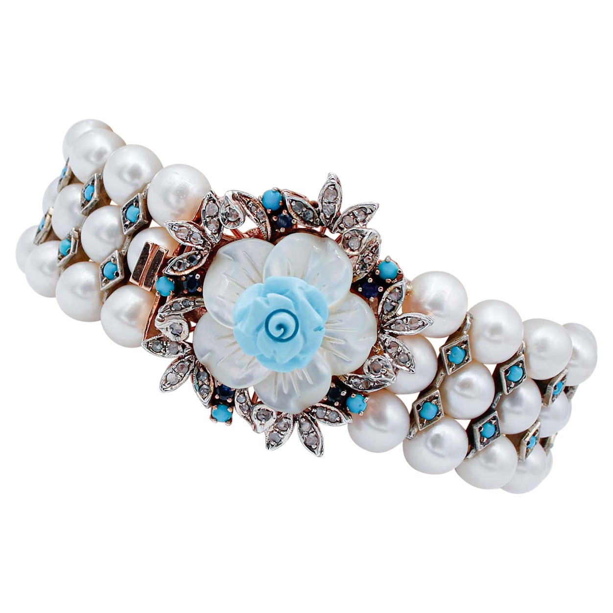 Pearls, Sapphires, Diamonds, Turquoises,  Stone, 14Kt Gold and Silver Bracelet For Sale