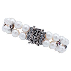 White Pearls, Garnets, Diamonds, Rose Gold and Silver Retrò Bracelet