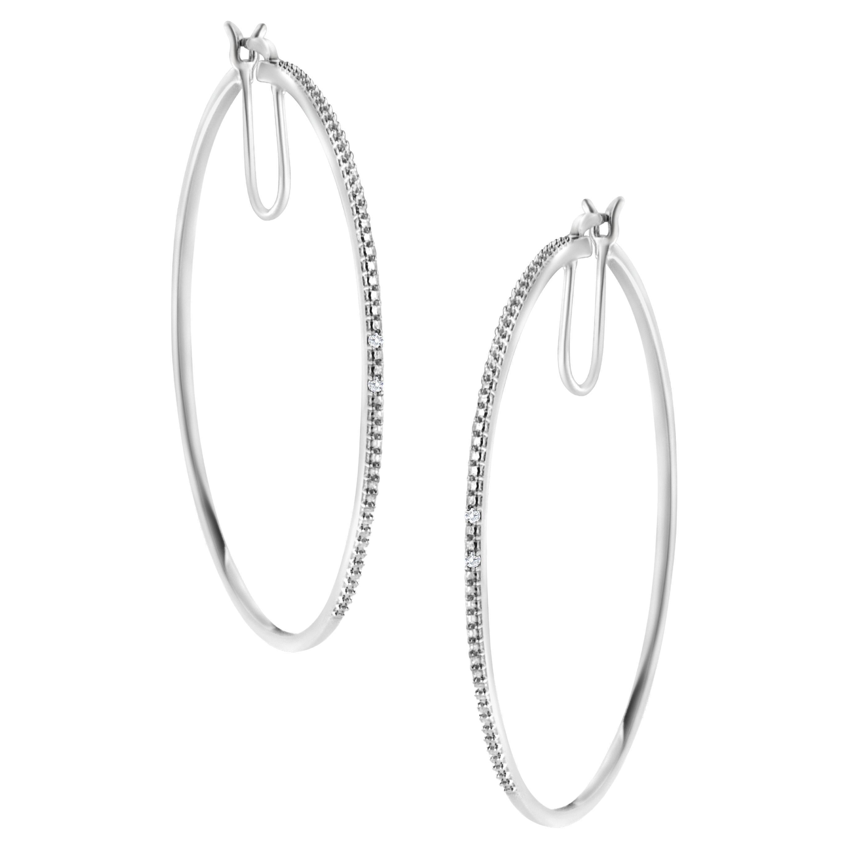 .925 Sterling Silver Diamond Accent Medium Sized Hoops Earrings For Sale
